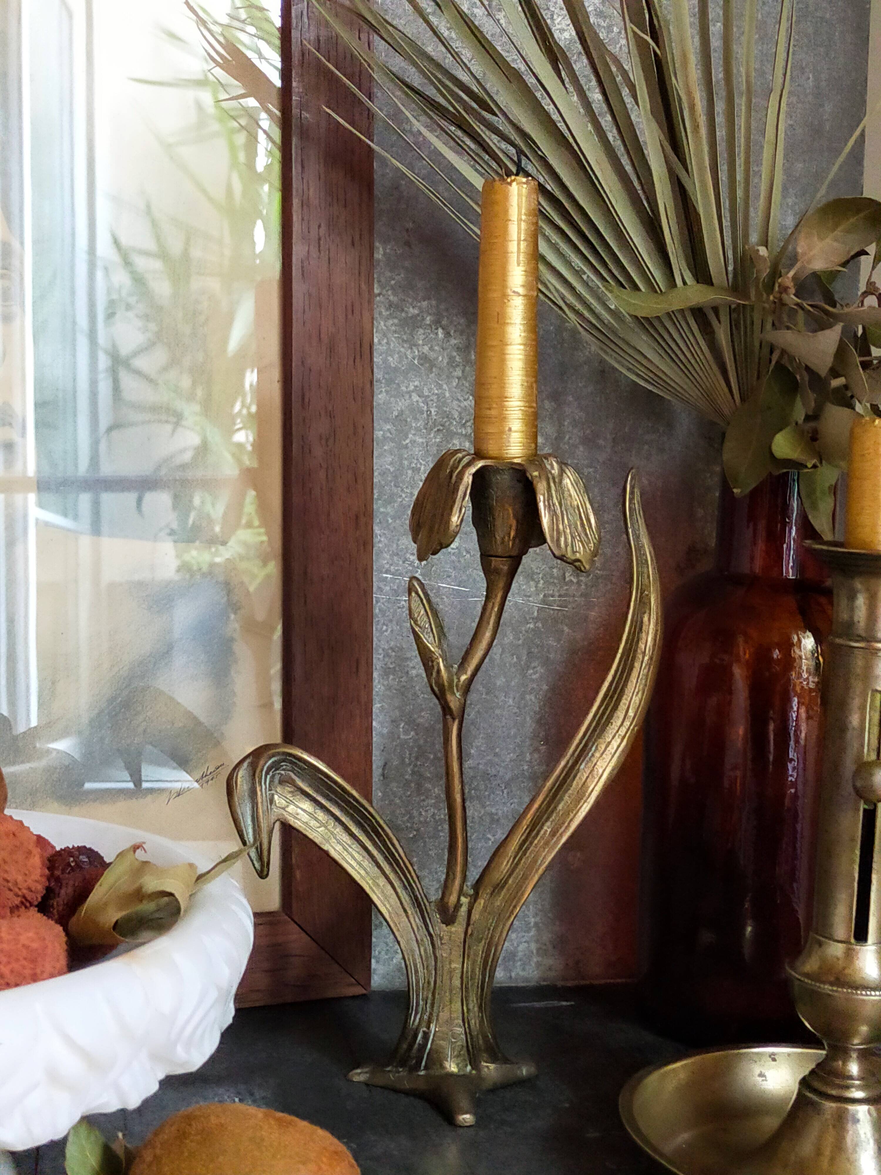 Old iris flower candle holder in solid brass