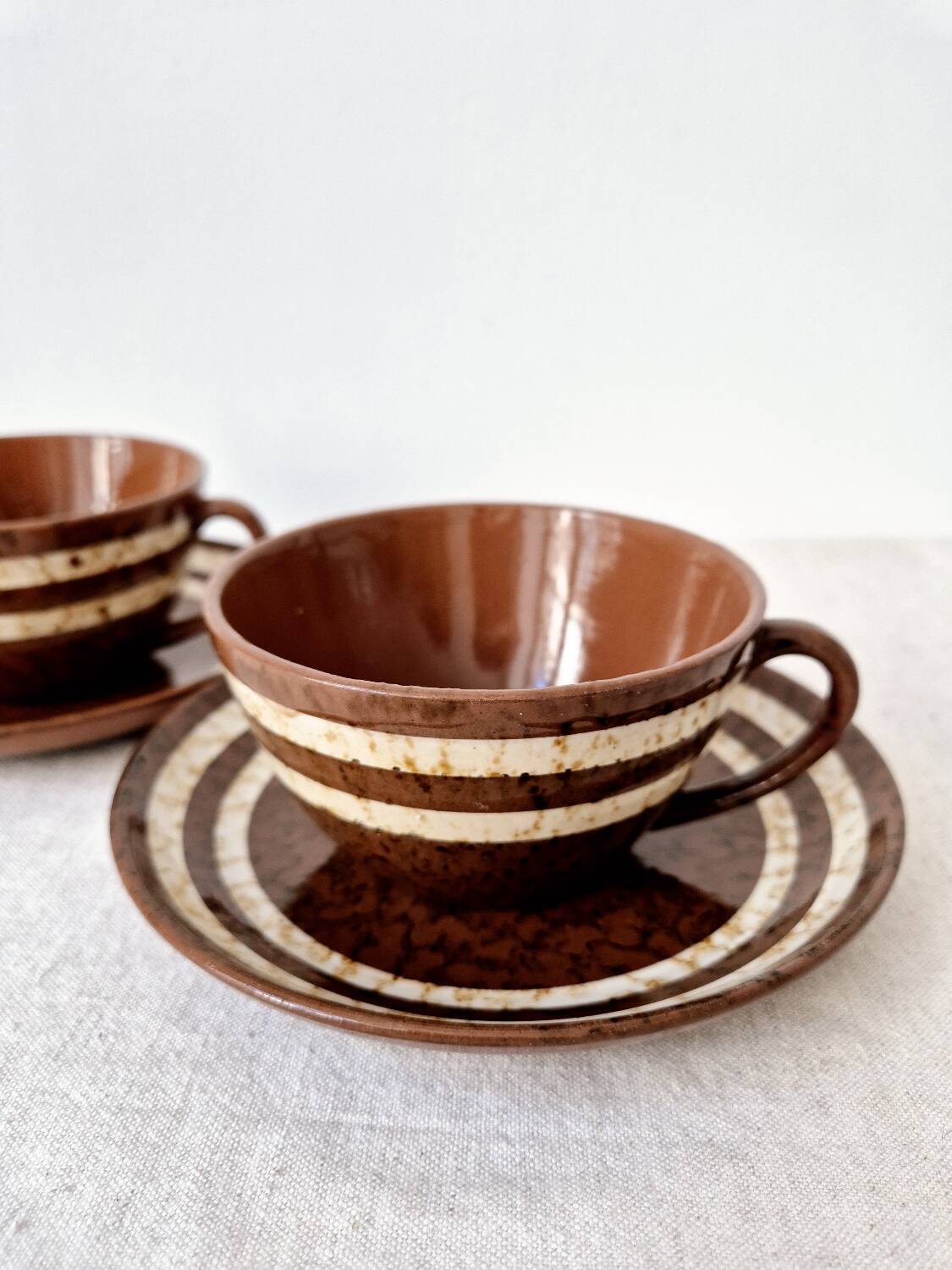 Set of 2 cups + 2 stoneware plates "Mary" - Digoin Sarreguemines Vintage