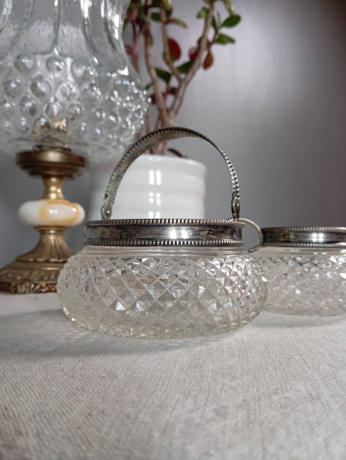 Creamer and jam maker in diamond-point crystal and silver rim, circa 1930