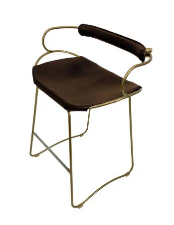 Tabouret de Bar Sculptural Contemporain avec Dossier Acier Laiton Vieilli et Cuir Bleu Marine