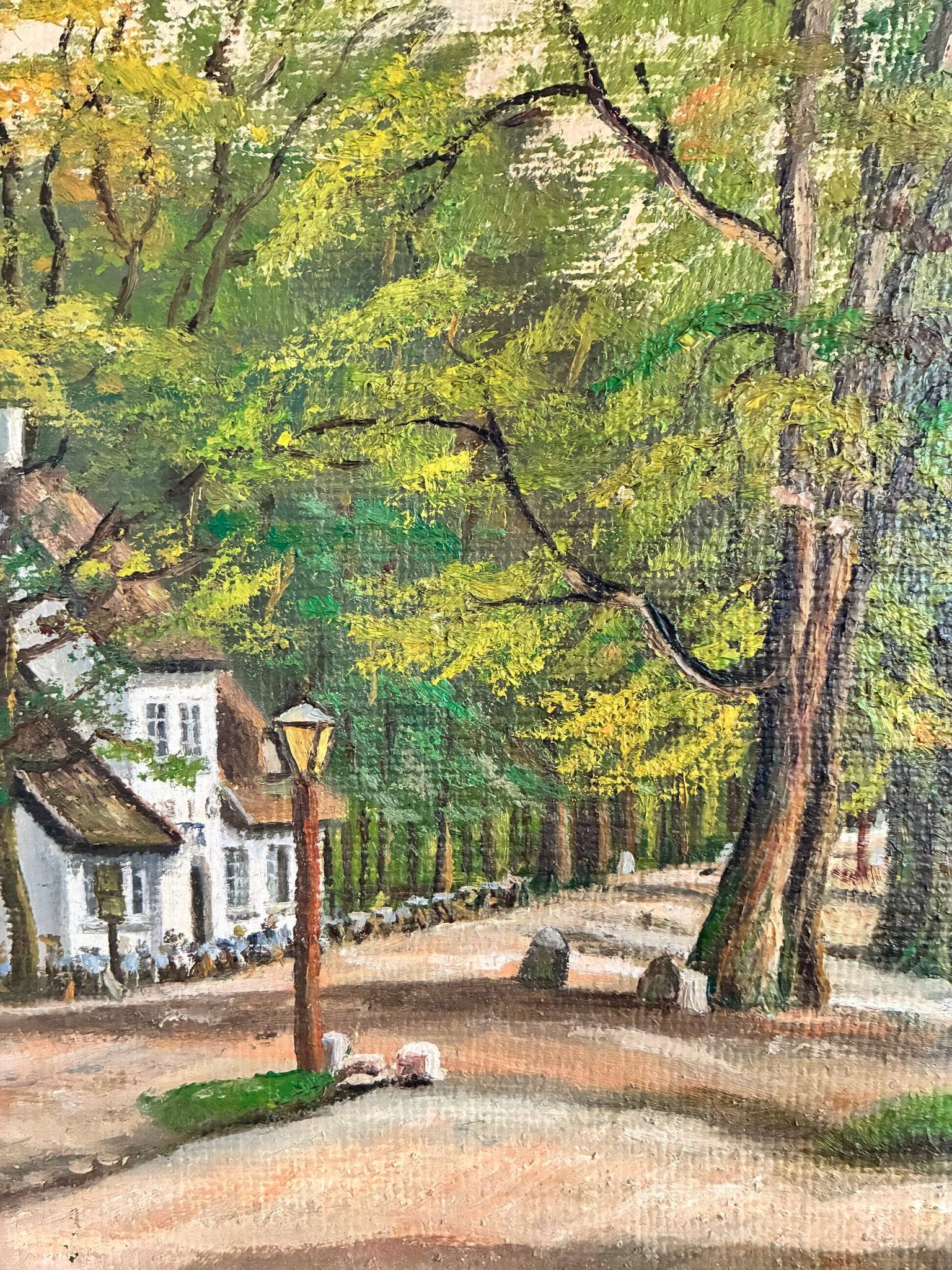 Peinture à l'huile de paysage de cottage vintage signée