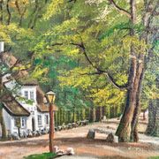 Peinture à l'huile de paysage de cottage vintage signée
