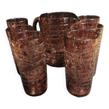 Orangeade set, pitcher, six glasses, purple glass, 70s