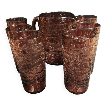 Service à orangeade pichet six verres verre violine années 70