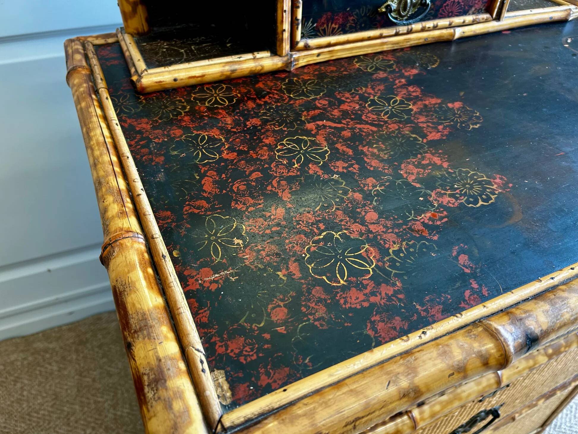 Victorian tiger bamboo, cane & chinoiserie dressing table with drawers, England 1880s, aesthetic movement