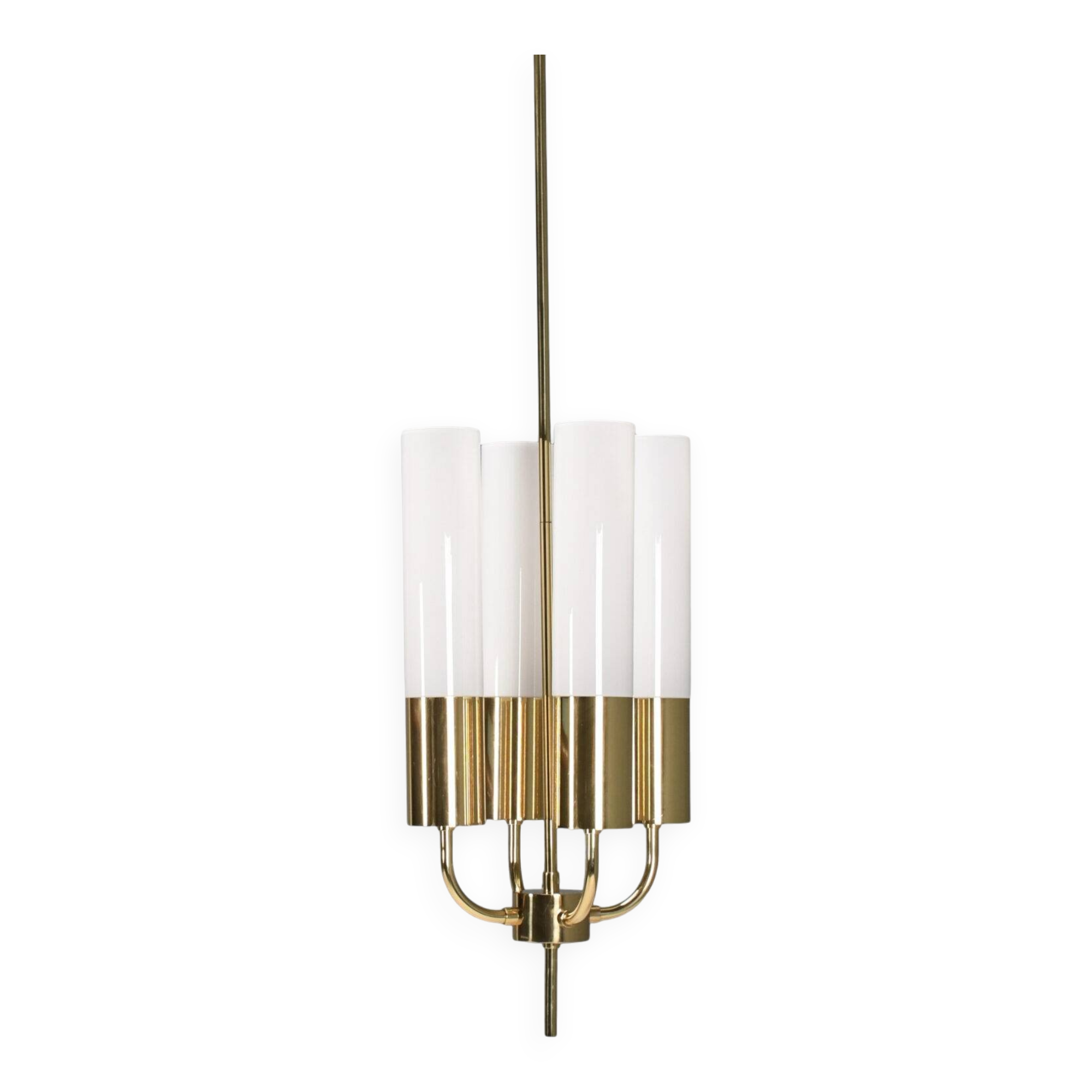 Large Glashütte Limburg brass & opaline chandelier, Germany, 1970s
