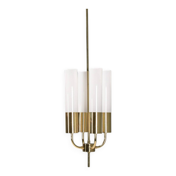 Large Glashütte Limburg brass & opaline chandelier, Germany, 1970s