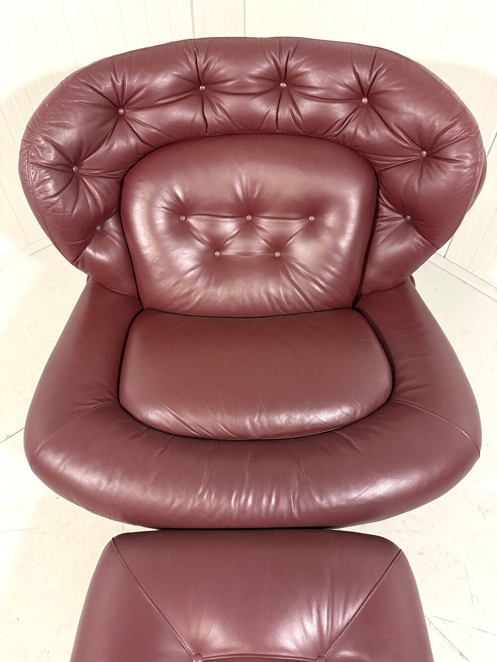 French burgundy leather space age lounge chair & footstool 1970’s