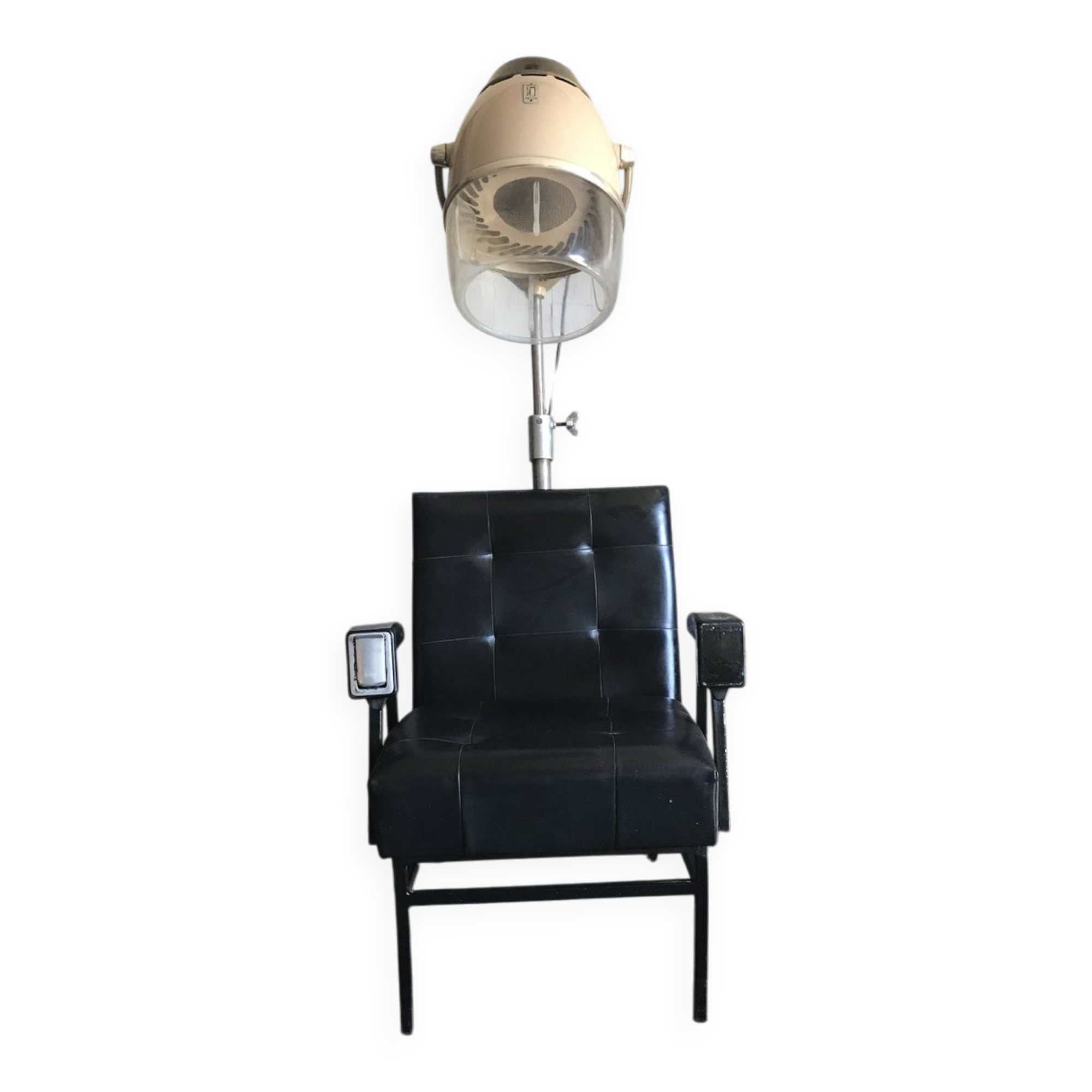 Fauteuil pivotant coiffeur 1960s en cuir beige/noir et métal argenté, style mid-century