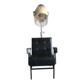 Fauteuil pivotant coiffeur 1960s en cuir beige/noir et métal argenté, style mid-century
