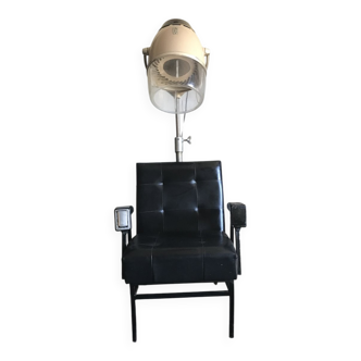 1960s swivel hairdresser chair in beige/black leather and silver metal, mid-century style