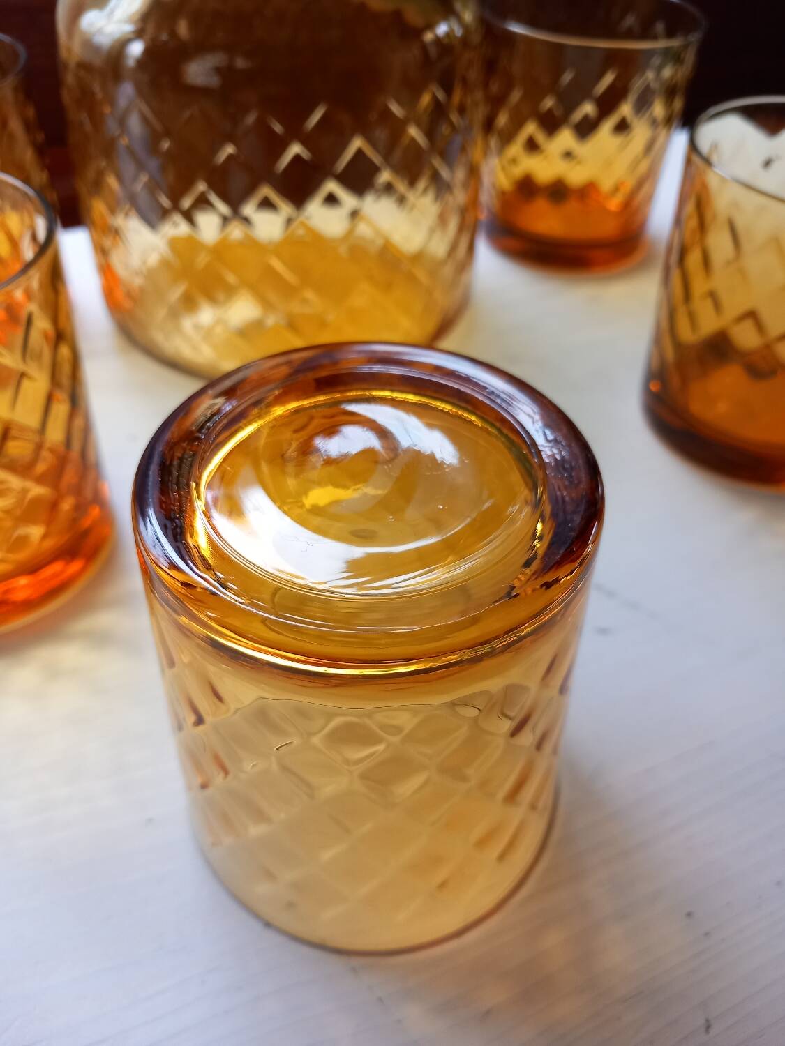 Carafe + 5 glasses, amber glass