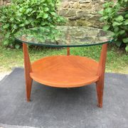 Vintage coffee table round compass legs top in glass and teak wood