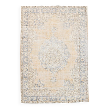 Tapis vintage jaune pâle et bleu pâle turc, tapis en laine à motif oriental
