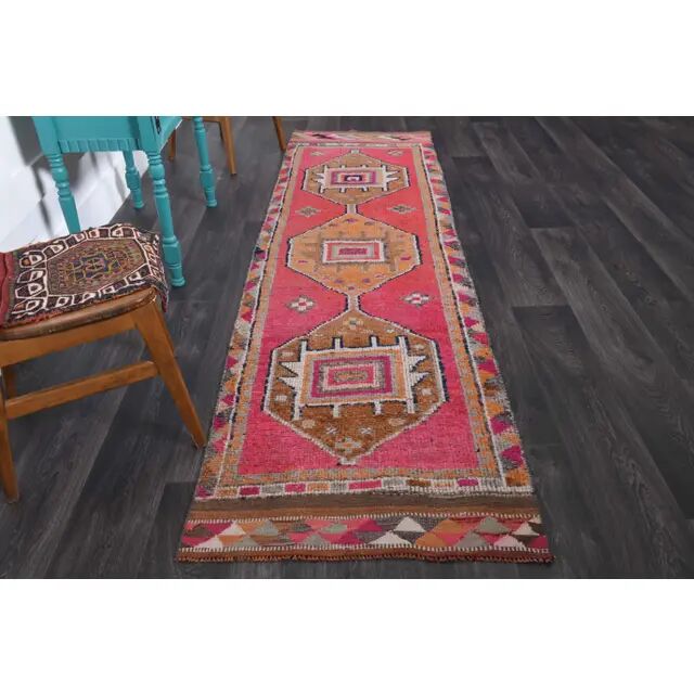 1970s Vintage Turkish Hand-Knotted Wool Cotton Pink Runner Rug