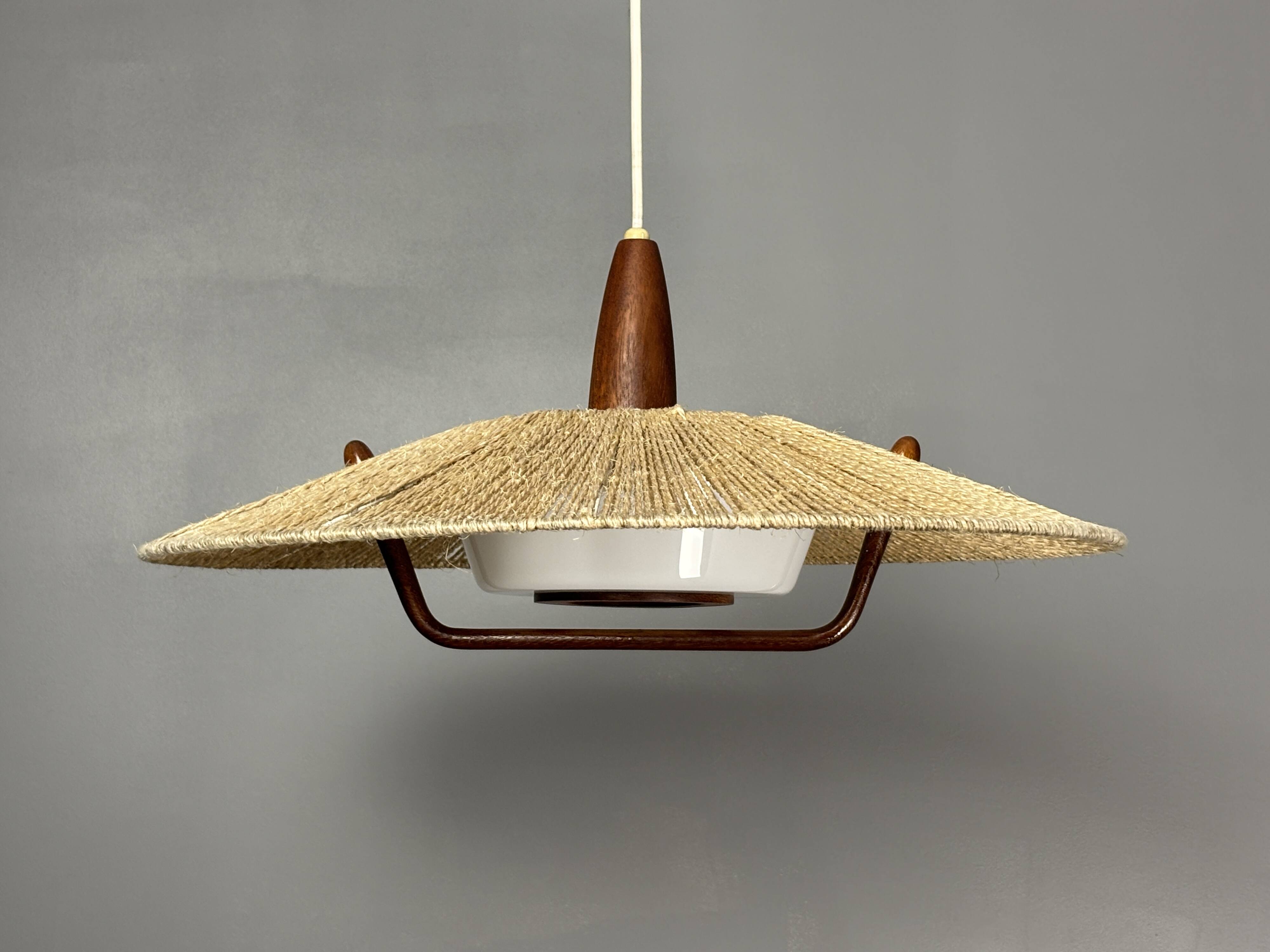 Large Mid-Century Teak and Sisal Cord Hanging Pendant by Temde Leuchten,60s