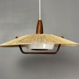 Large Mid-Century Teak and Sisal Cord Hanging Pendant by Temde Leuchten,60s