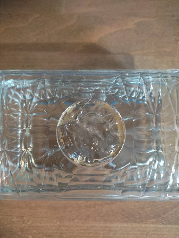 Molded glass butter dish Cow head