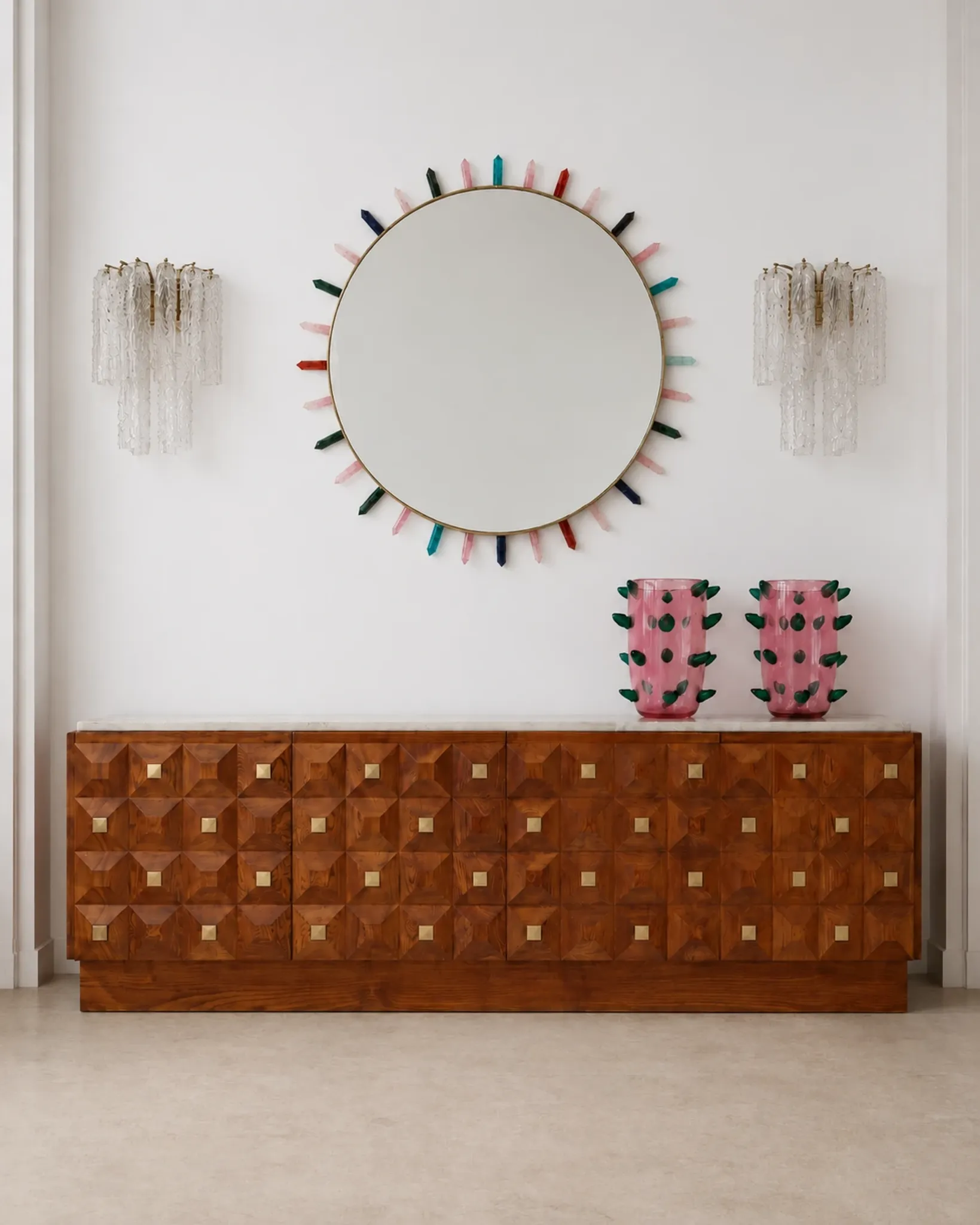 Contemporary Square Pattern Oak Wood, Brass and Travertine Top Italian Side