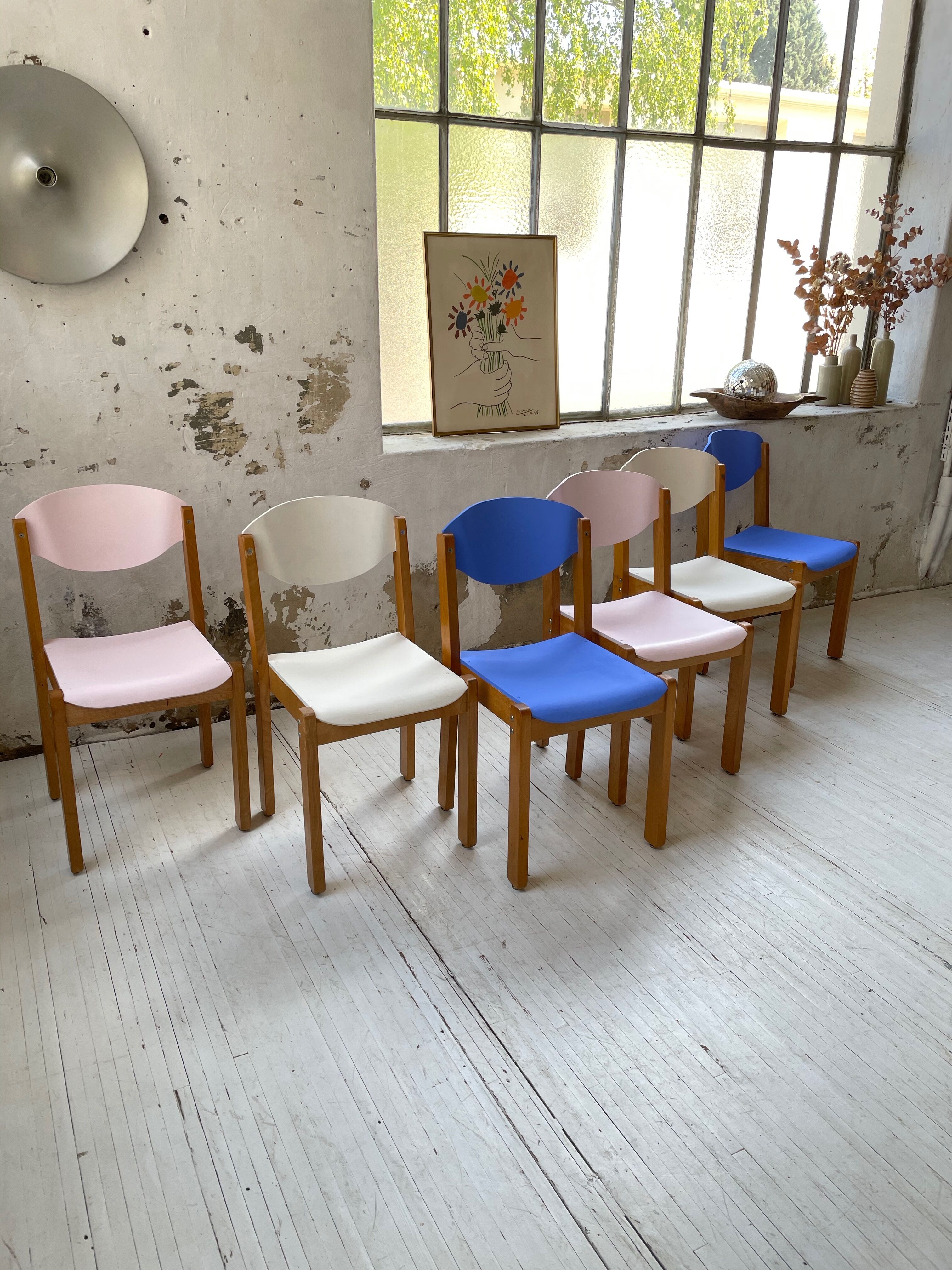 6 colorful 80s beech chairs
