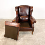 Vintage dark brown sheep leather wingback armchair