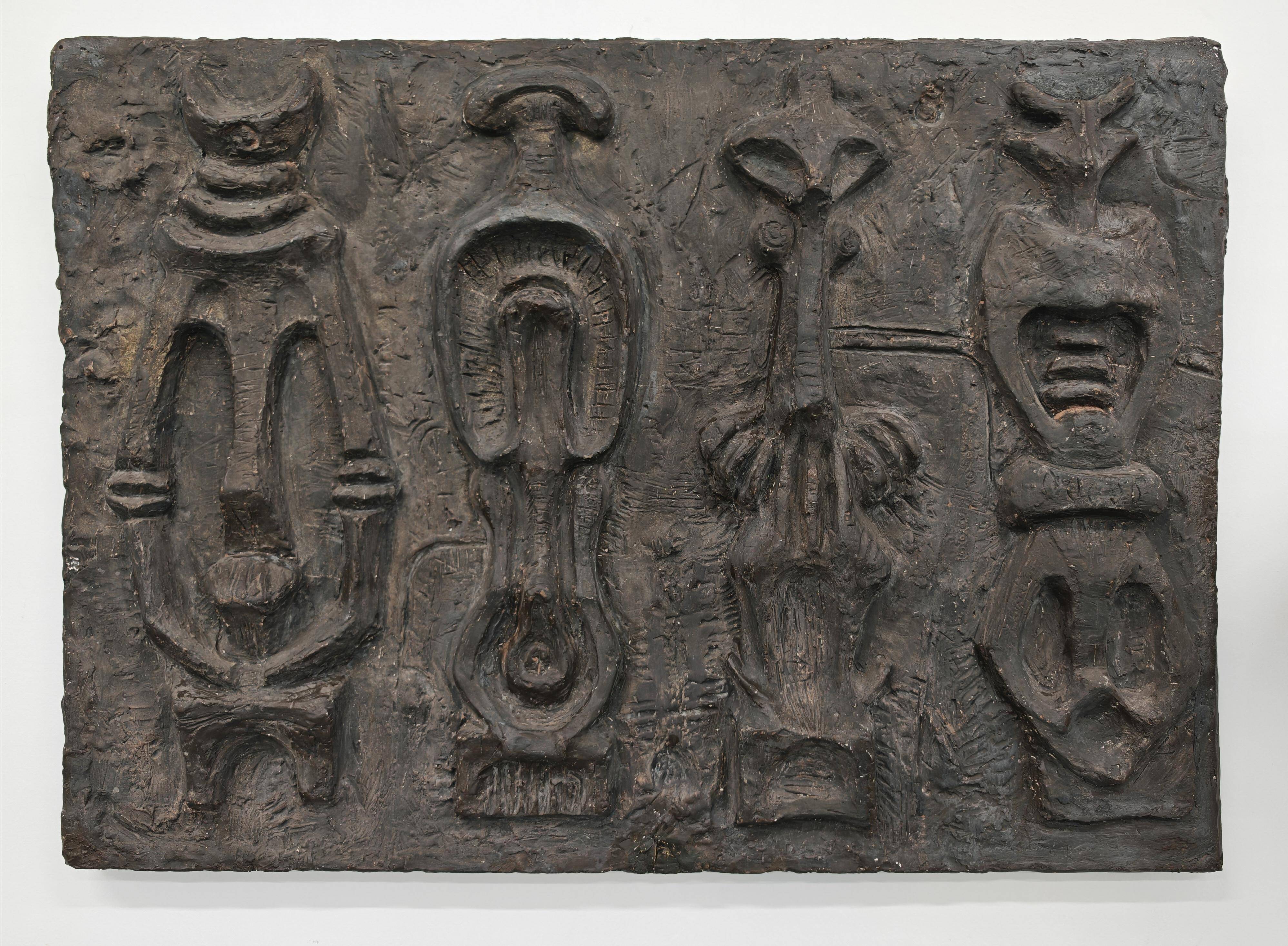 Sculptural anthropomorphic bas-relief by Venija Vučinić in plaster.