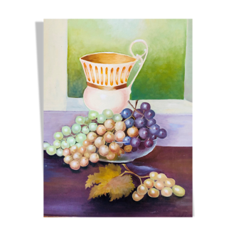 Oil on panel, still life with grapes