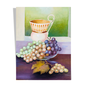 Huile sur panneau, nature morte aux raisins