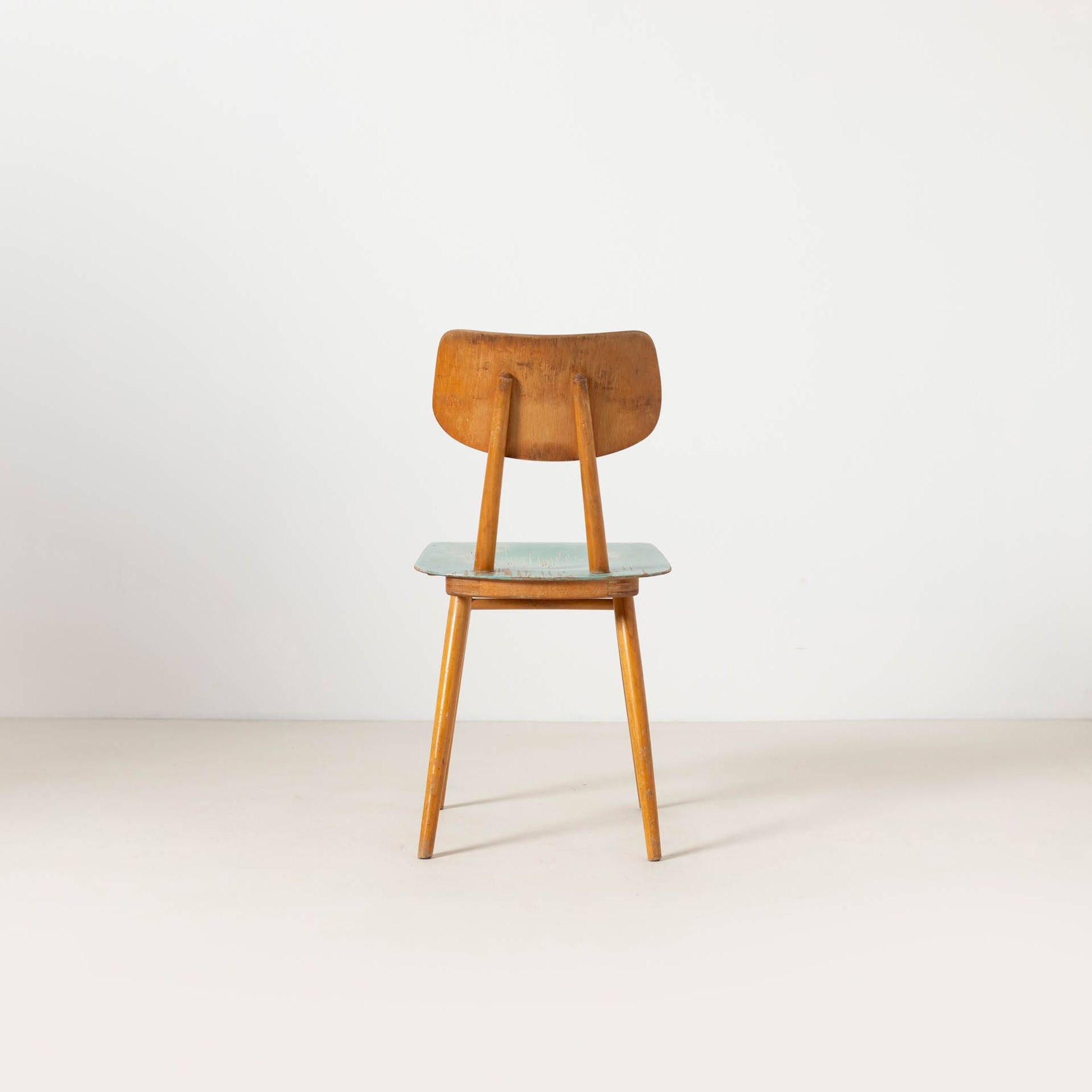 Set of 4 midcentury dining chairs from TON, blue painted plywood, 1960S