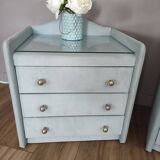 Pair of vintage bedside tables in celadon velvet