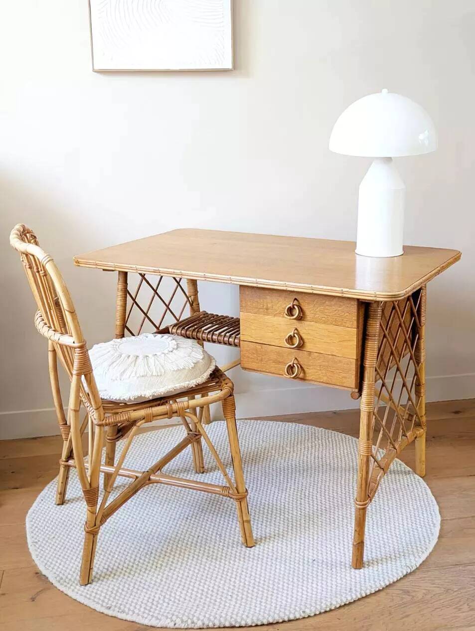 Vintage wood and rattan desk by L. Sognot