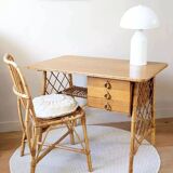 Vintage wood and rattan desk by L. Sognot