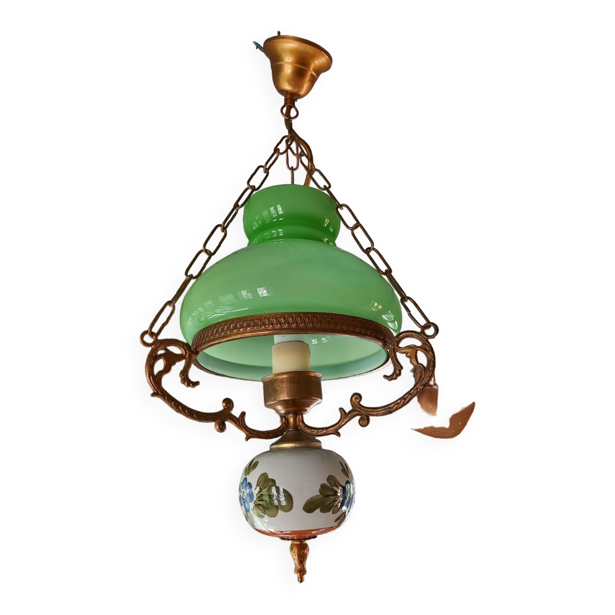 Old green opaline chandelier, gold metal and earthenware
