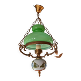 Lustre ancien opaline verte, métal doré et faïence