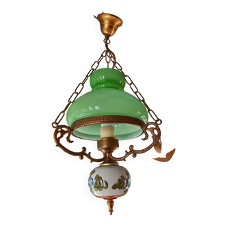 Old green opaline chandelier, gold metal and earthenware