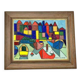 Mid Century Swedish Oil on Panel –  Harbour scene by Tommy Hallberg