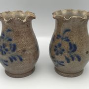 Pair of vintage pottery vases with floral decoration and glaçureau sel