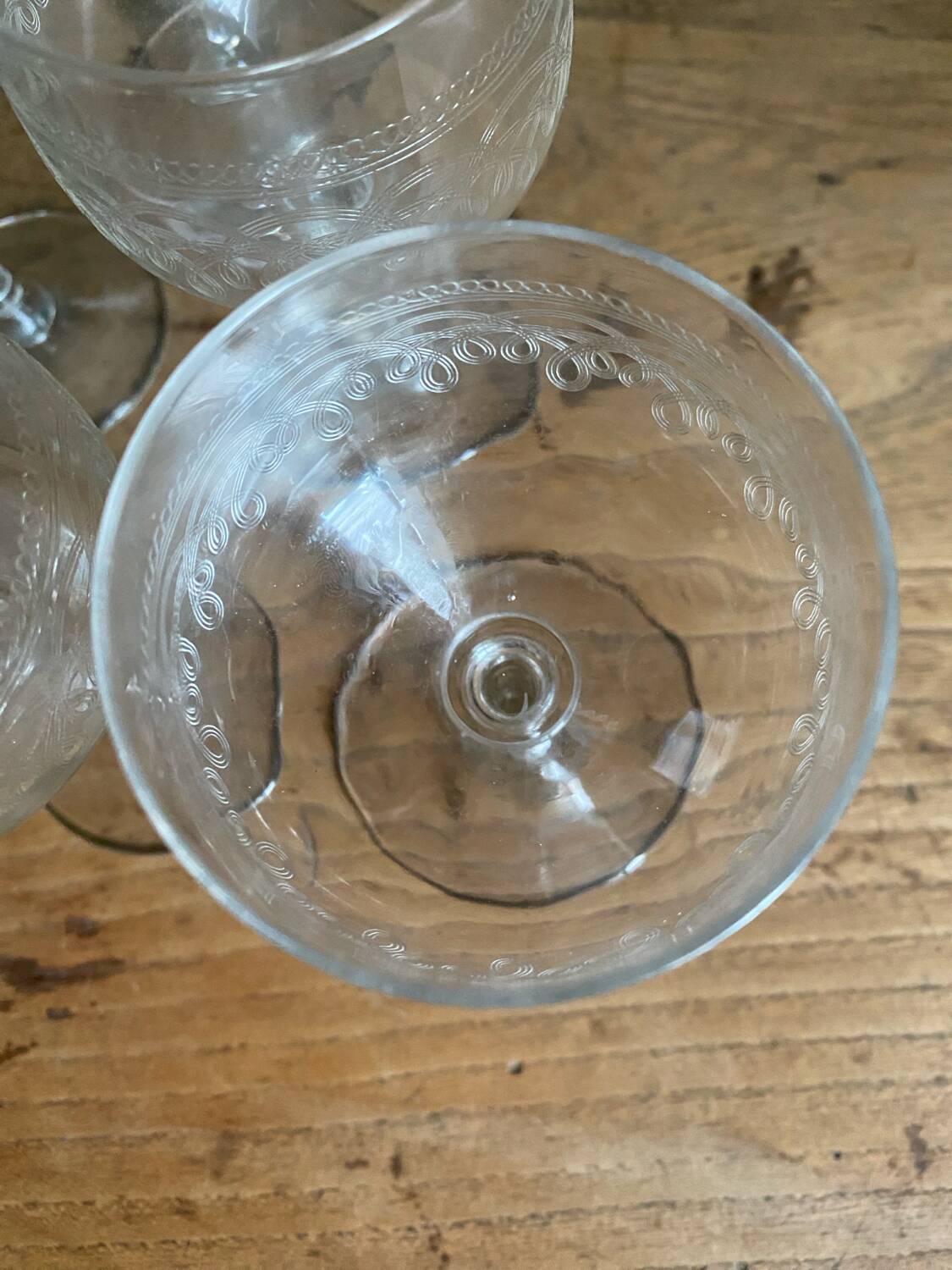 Set of 7 old etched glass stemware