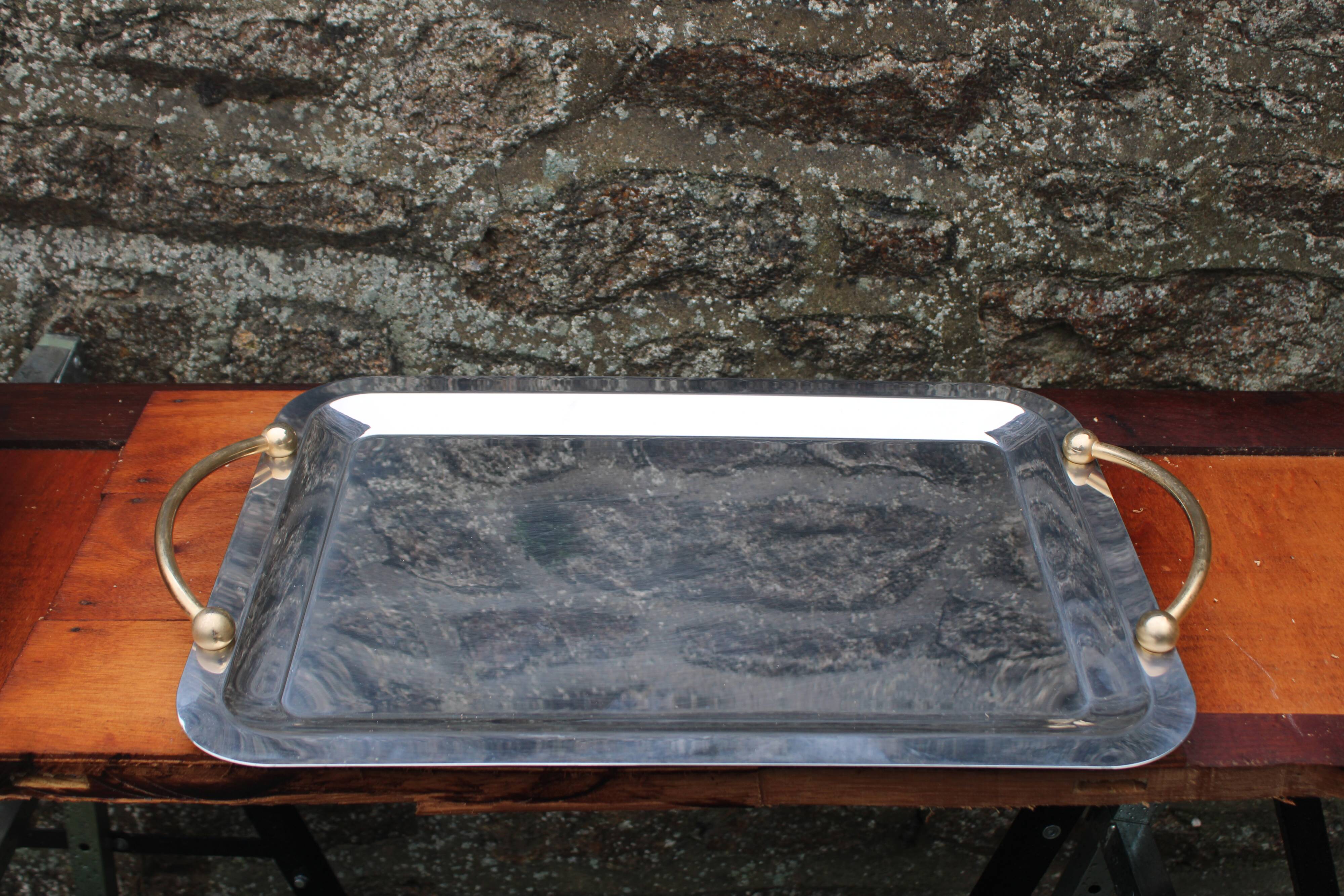 GUY DEGRENNE Serving Tray – Stainless Steel & Brass Handles – France