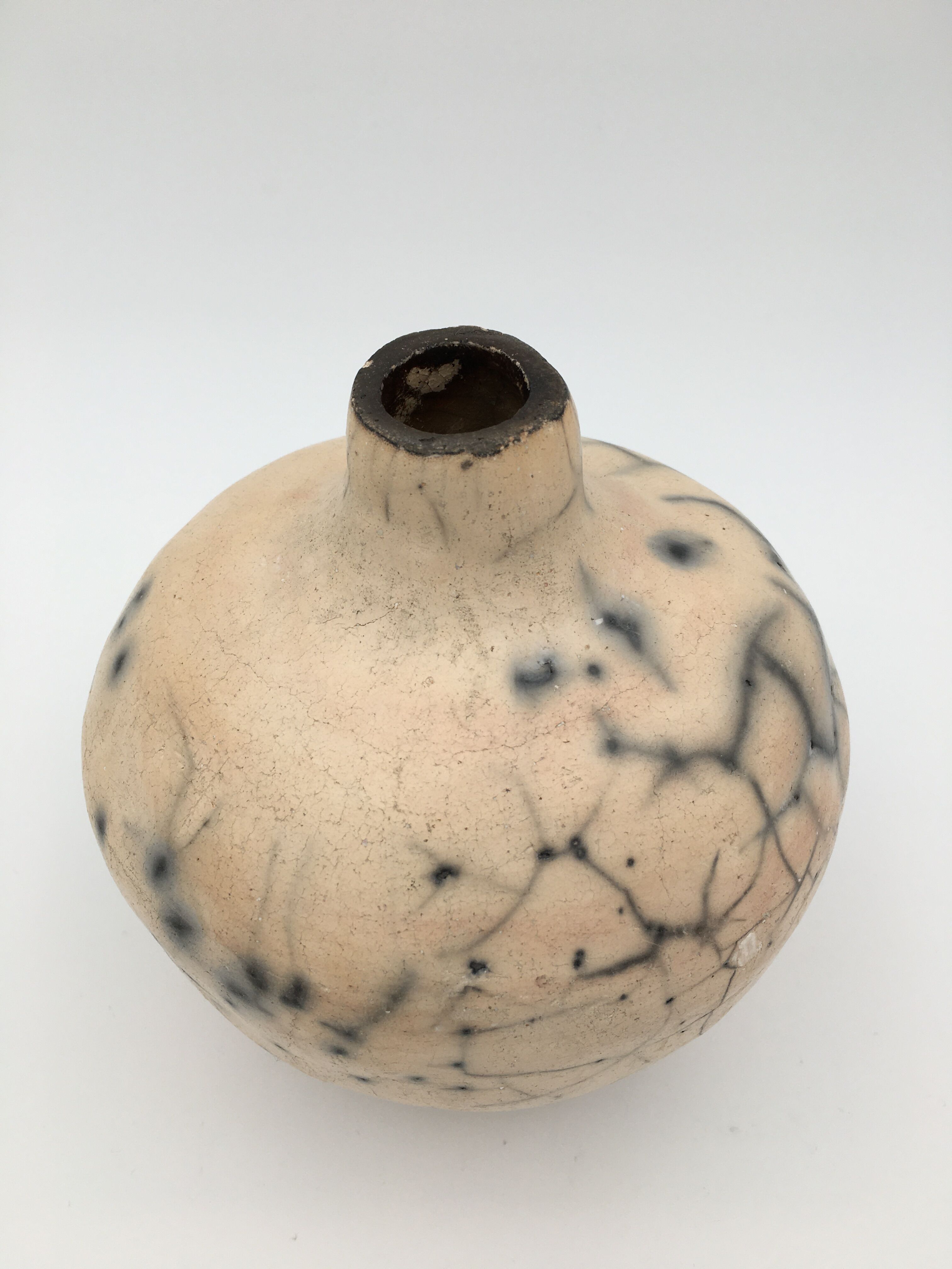 Raku ball vase, beige and black 20th century