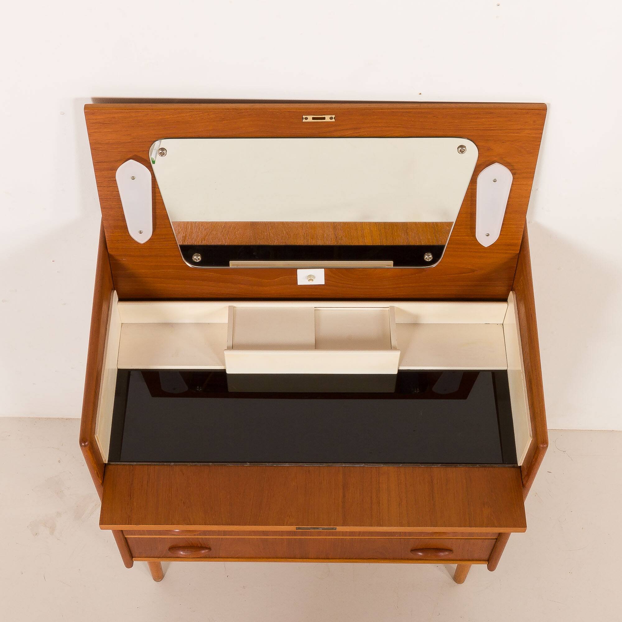 Danish teak dresser with hidden vanity and lights, 1960s