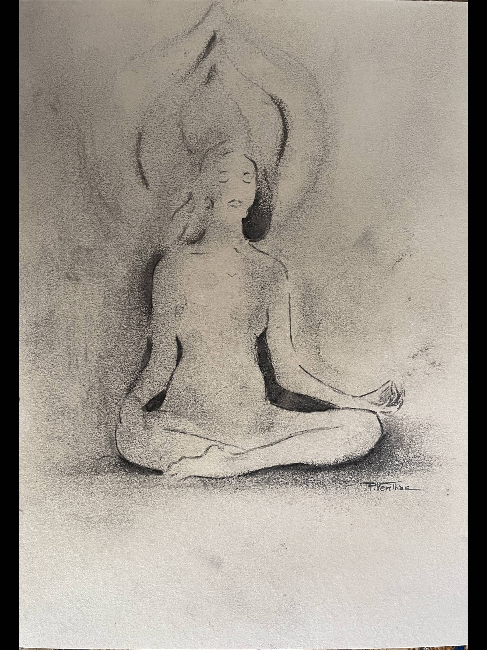 Painting signed charcoal woman buddha zen attitude