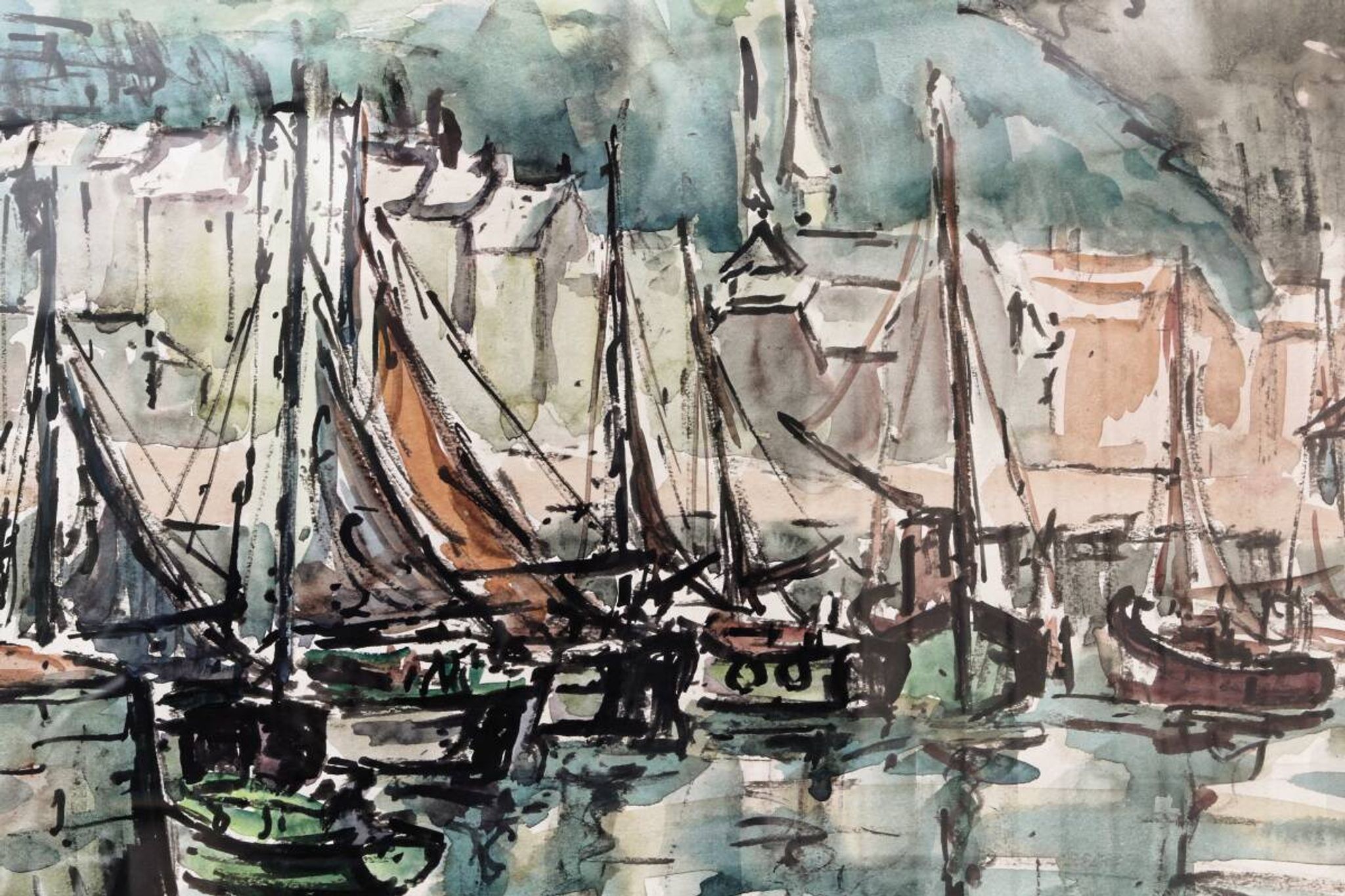 Watercolour, port of Honfleur, by Bernard Loriot (1925-1998)