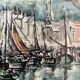 Watercolour, port of Honfleur, by Bernard Loriot (1925-1998)