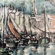 Watercolour, port of Honfleur, by Bernard Loriot (1925-1998)