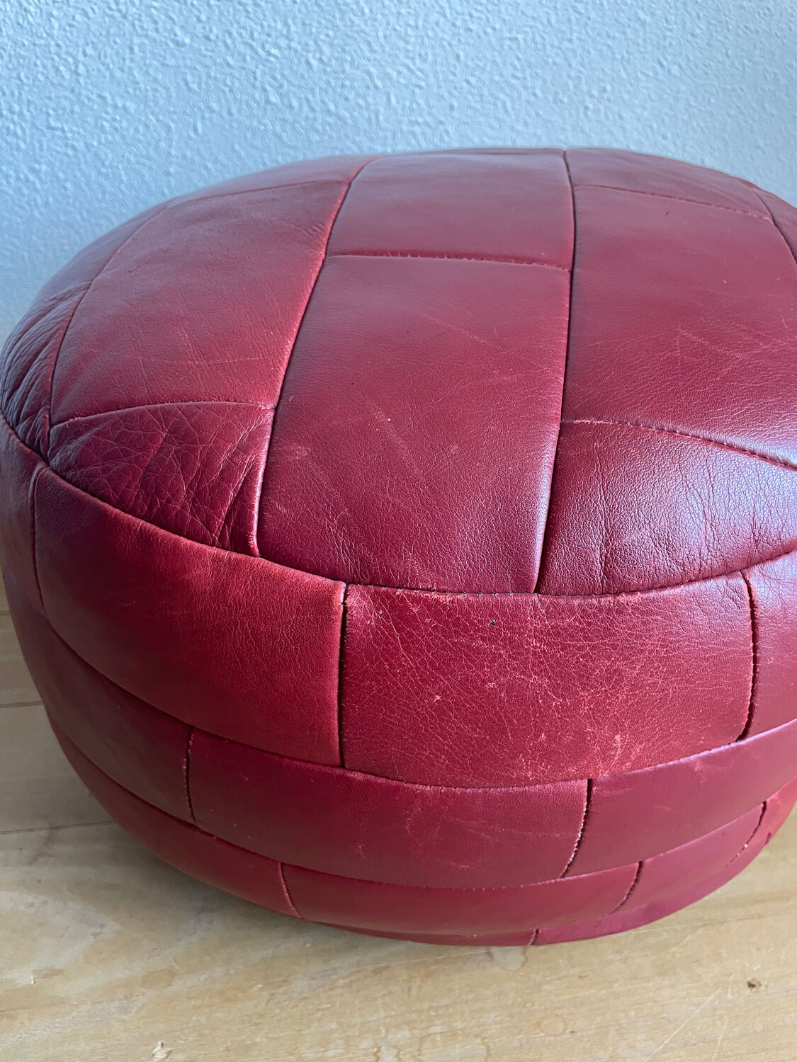 Red patchwork leather pouf