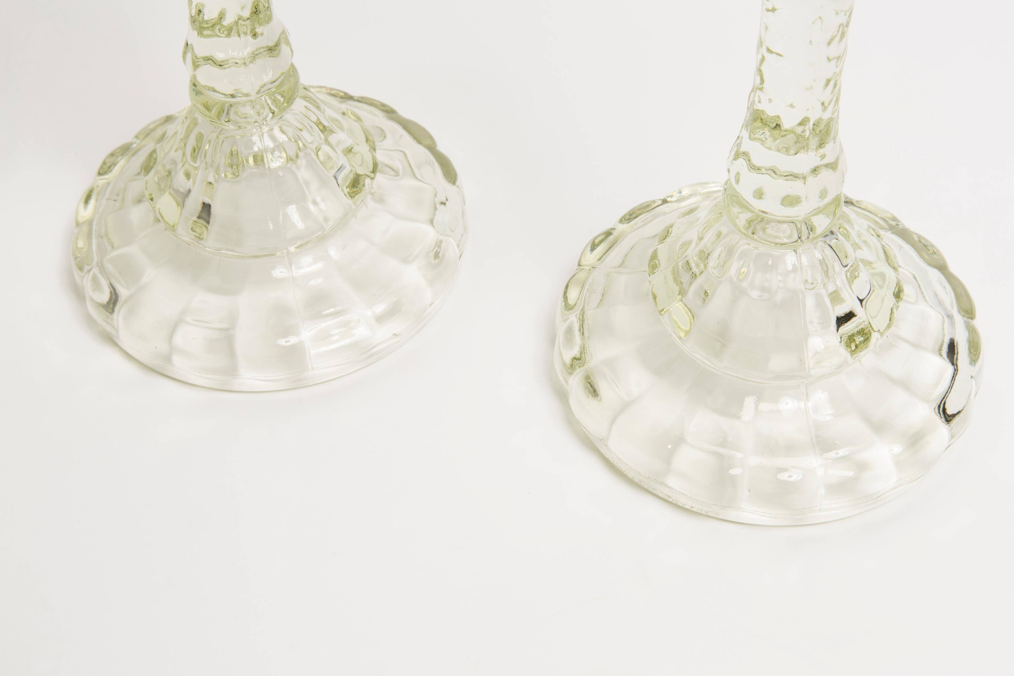 Set of two light green glass candlesticks from the mid-century, Europe, 1960s.