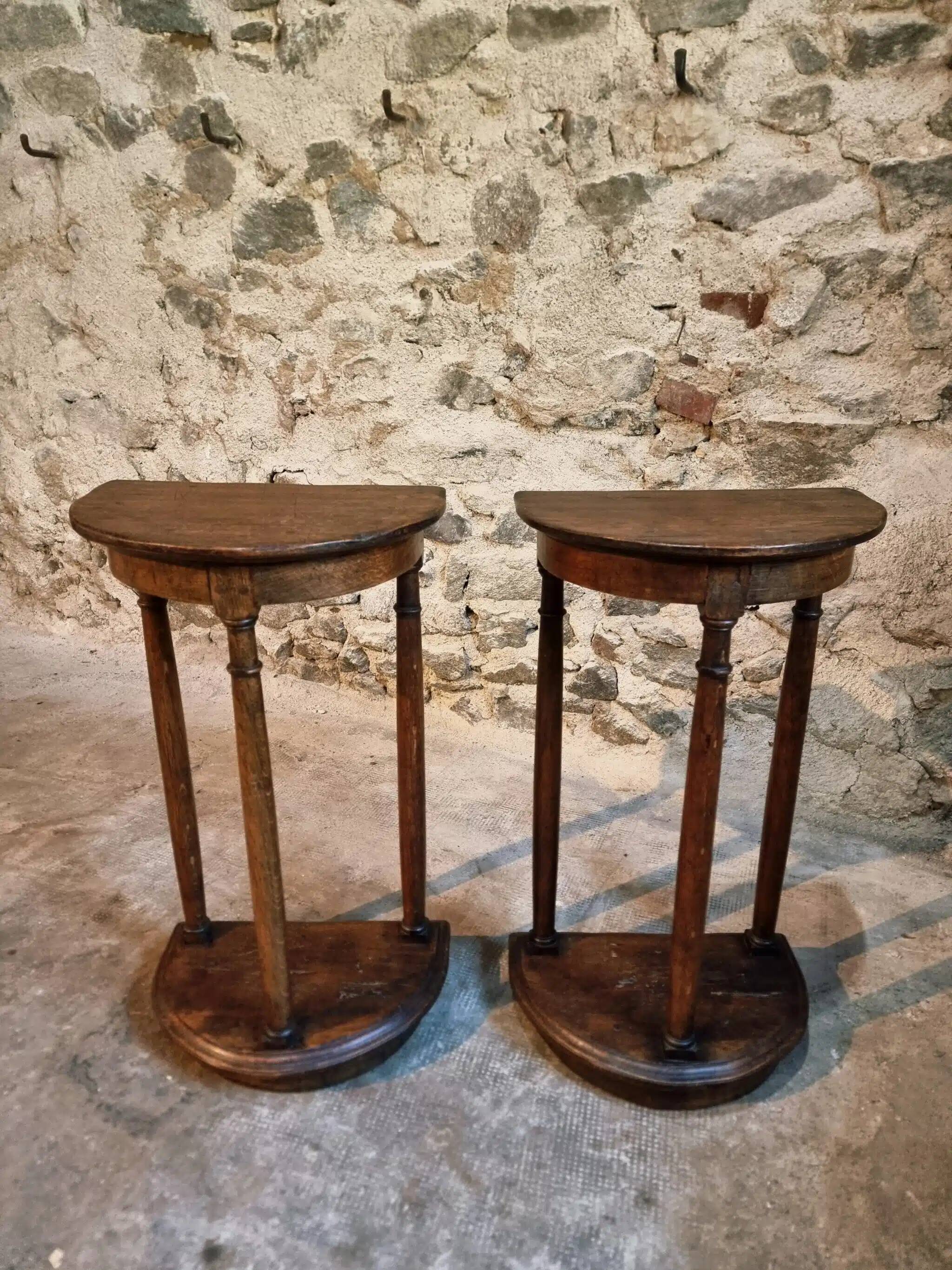 Pair of antique solid wood half-moon side tables, 19th century