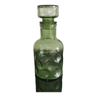 Old Bottle Carafe in Green Glass with Vintage Decorative Stopper Height 24 Cm