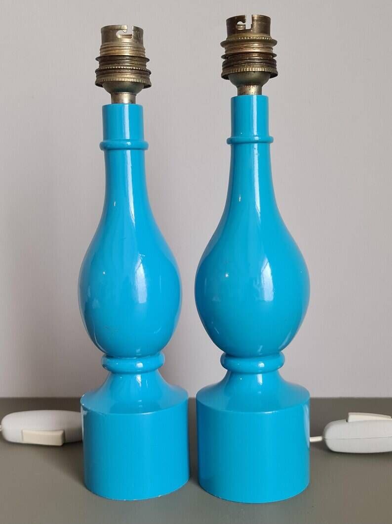 Pair of Philippe Capelle turquoise lacquered wooden table lamps MCM 1970s